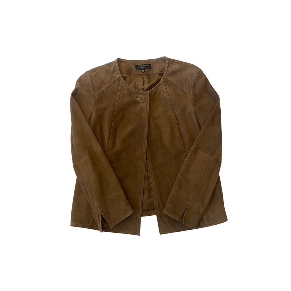 Brown Suede Leather Jacket Single Button Collarless Size 10P by Talbots